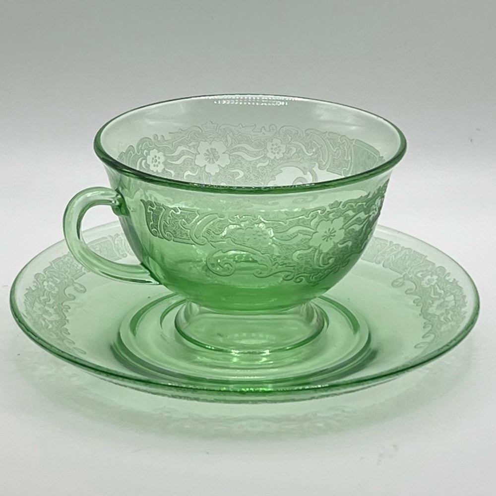 Vintage Fostoria Glass Co.Footed Glass Teacup and Saucer Set